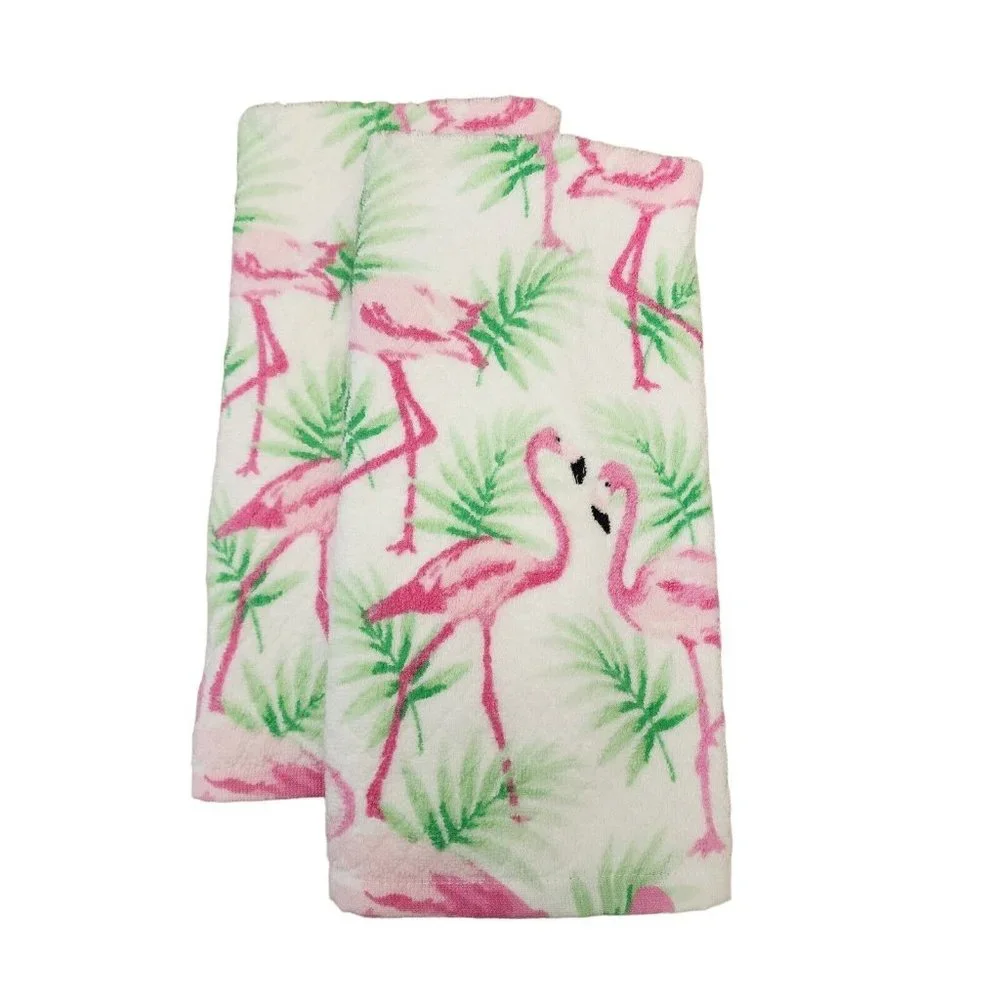 Deborah Connolly Set of 2 Flamingo Hand Towels White Pink Green 26